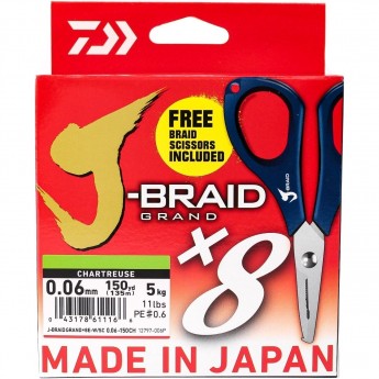 Шнур DAIWA J-Braid X8E-W/SC 0,06мм 135м chartreuse + ножницы Шнур DAIWA J-Braid X8E-W/SC 0,06мм 135м chartreuse + ножницы